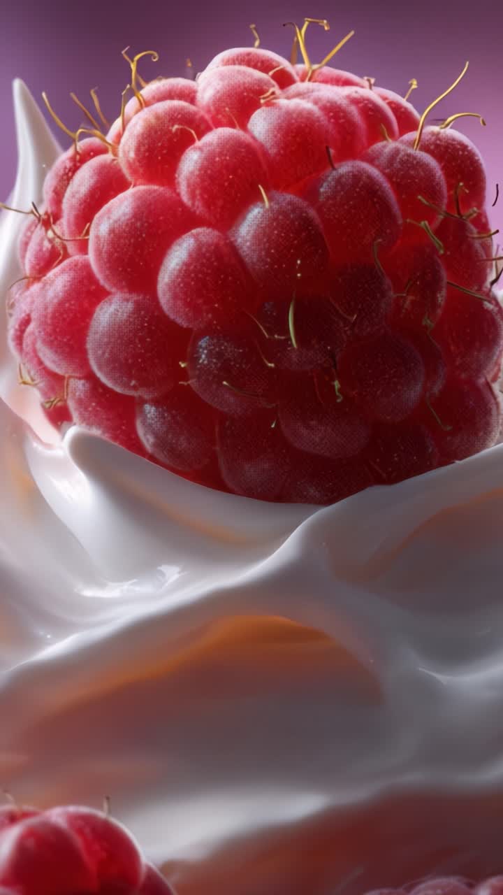 A close-up view of a fresh raspberry delicately resting atop a smooth, whipped cream surface, showcasing its vibrant color and juicy texture in a soft light setting