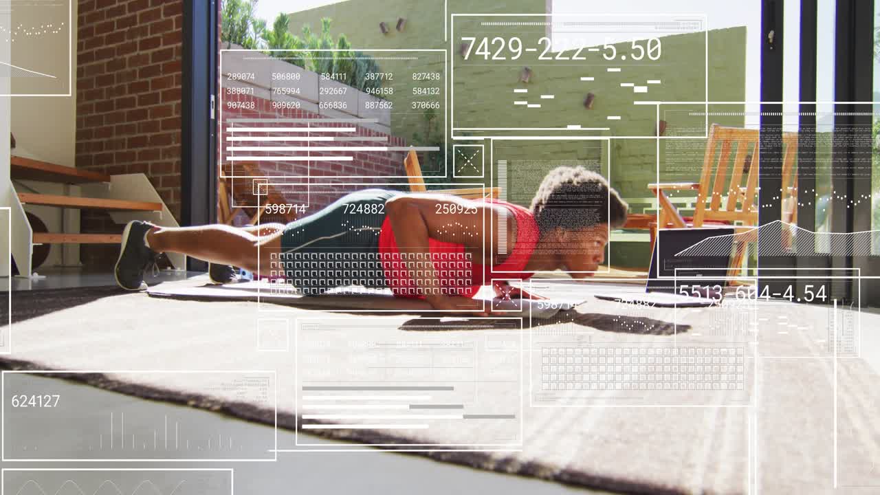 Man performing plank push-up in home gym, following laptop fitness cues with HUD overlays layered