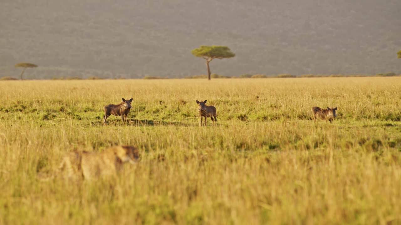masai mara guepardo cazando jabalí en una caza en áfrica, animales salvajes africanos en kenia en safari en masai mara, increíble comportamiento animal en la hermosa luz del sol dorado