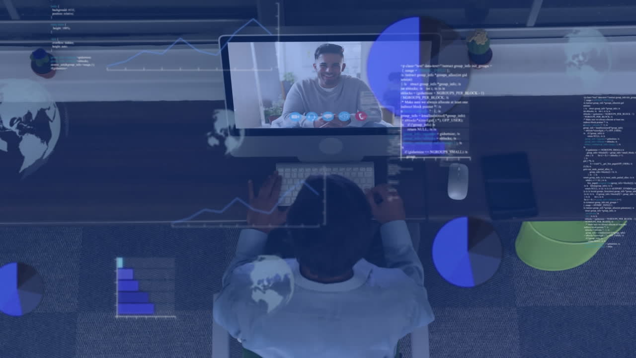 animation der datenverarbeitung über verschiedene geschäftsleute, die videoanrufe führen