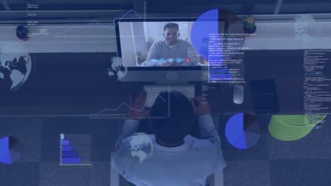 animation of data processing over diverse business people having video call