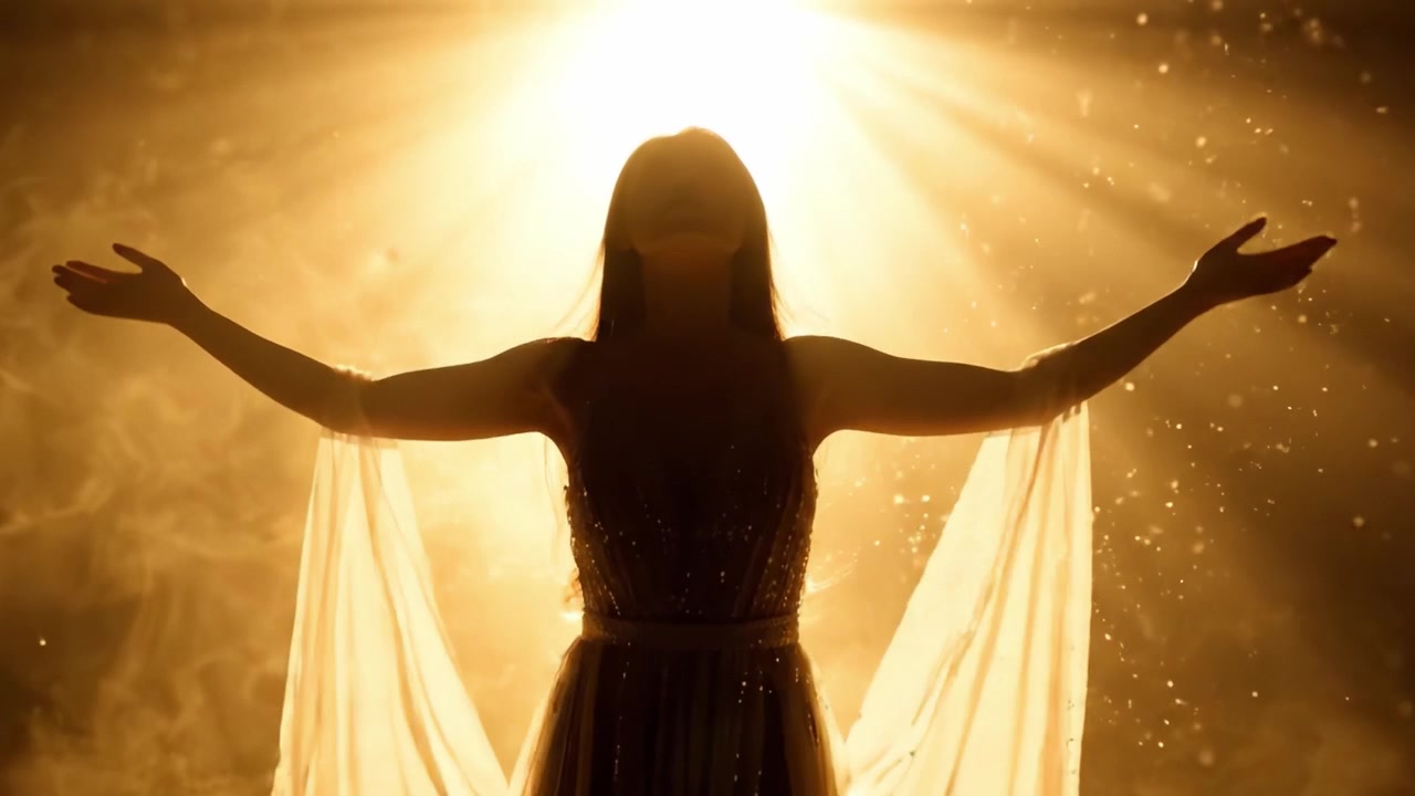 Una figura mística emerge de una luz radiante, capturada en dos encuadres dramáticos, ilustrando un momento de belleza etérea y encanto en medio de una atmósfera onírica.