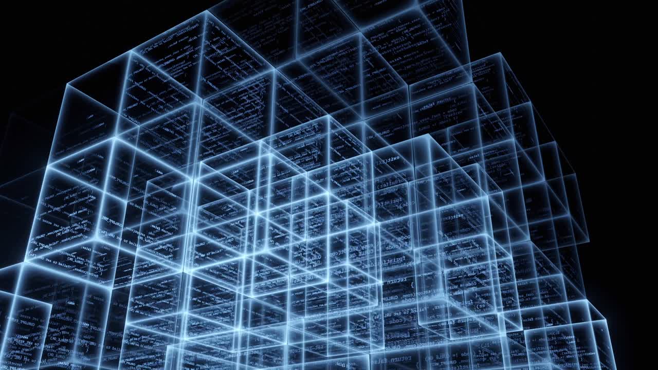 Concetto di Blockchain, cubo di big data con codice binario in rotazione