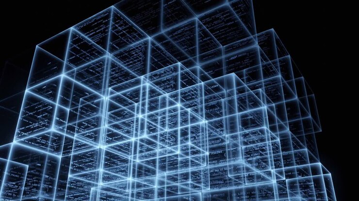 Blockchain concept, Cube big data with binary code spin