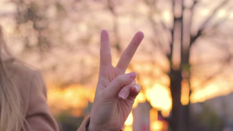 le mani della donna alzano due dita, segno della vittoria della pace, lettera v, all'aperto