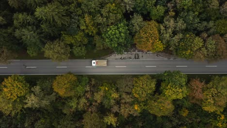 a fast driving lorry at a straight road in a autumn colored forest street, filmed from above by a drone