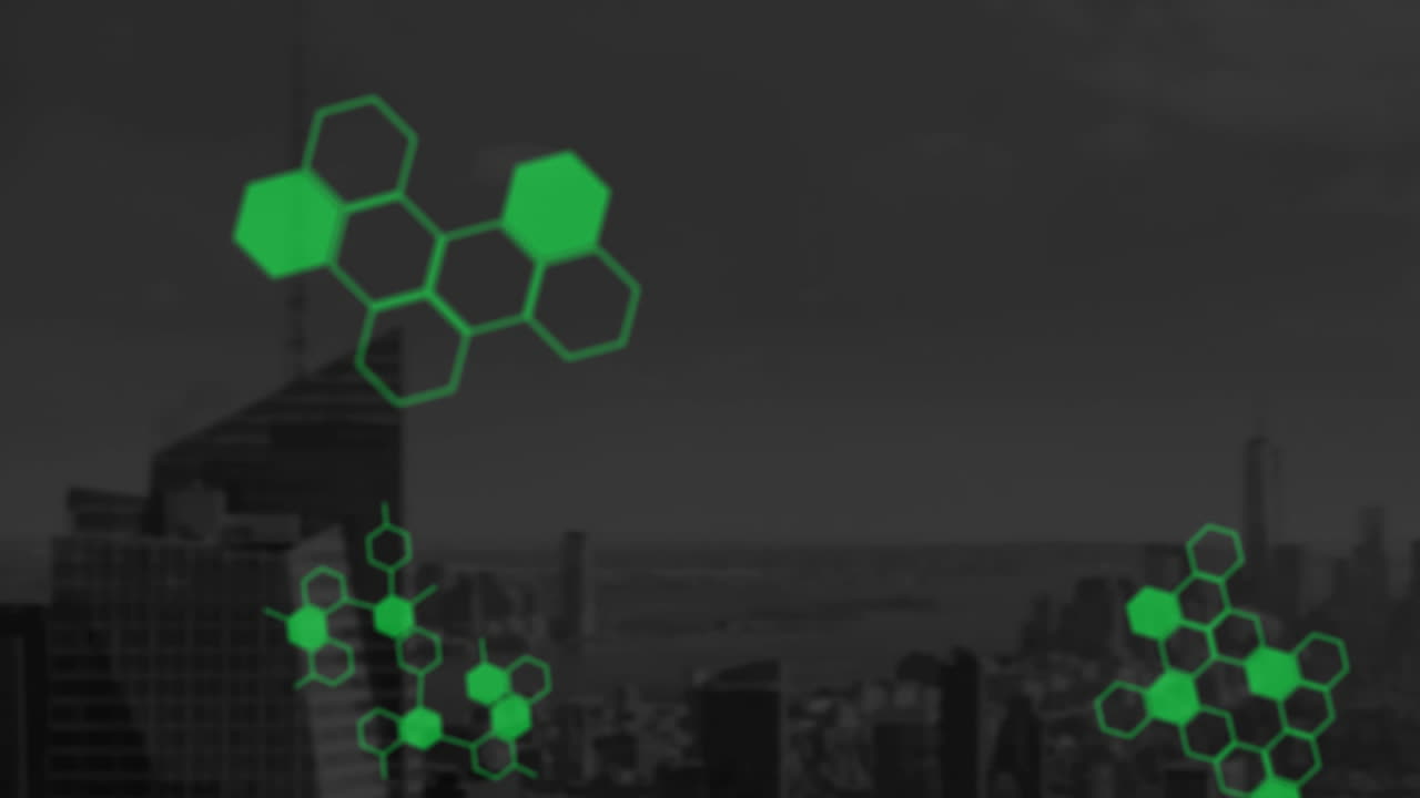 분자 및 화학 물질 구조가 배경의 도시 풍경에 대해 데이터 처리 위에 떠 있습니다.