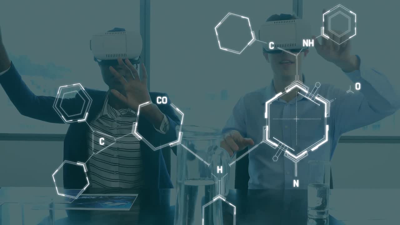 Animation of chemical formulas over two diverse people using vr headsets