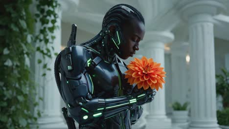 a futuristic cyborg or human-like android in glowing armor gently holds an orange flower