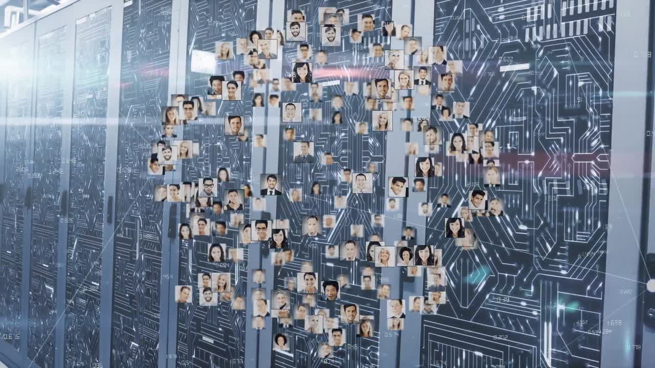 animación de iconos de personas y red de conexiones a través de la sala de servidores