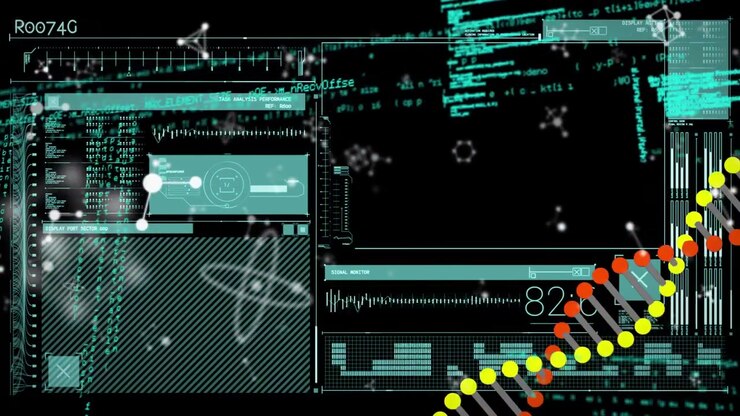 Animation of data processing on dark background