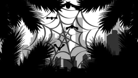 flying bats and spider webs, halloween animation over dark forest background