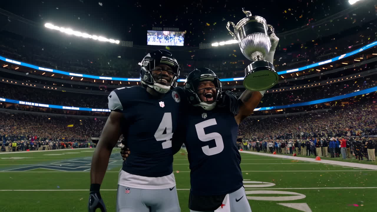 Football Players Celebrate Championship Victory with Trophy and Confetti on Field
