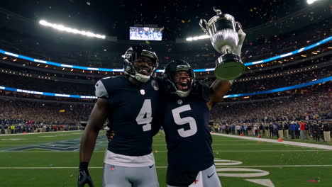 football players celebrate championship victory with trophy and confetti on field