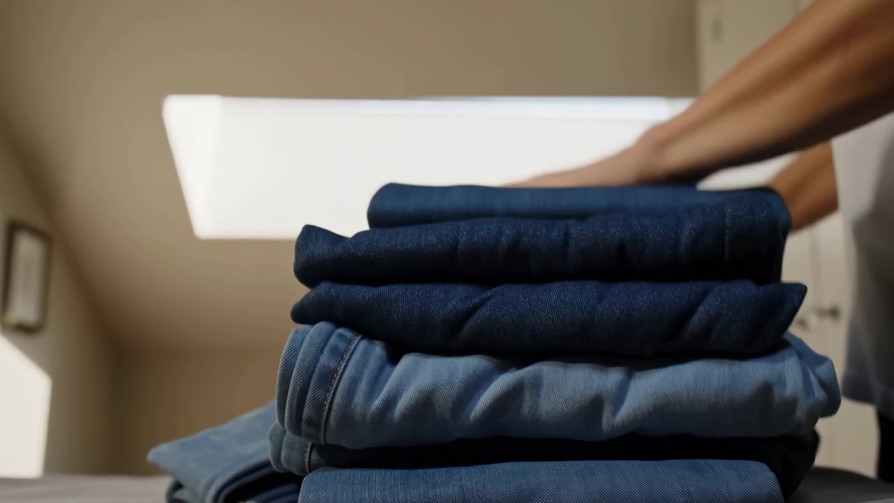 Close low-angle view shows hands adding folded denim to a tidy pile of blue jeans, then adjusting the top garment while soft indoor daylight highlights fabric texture.