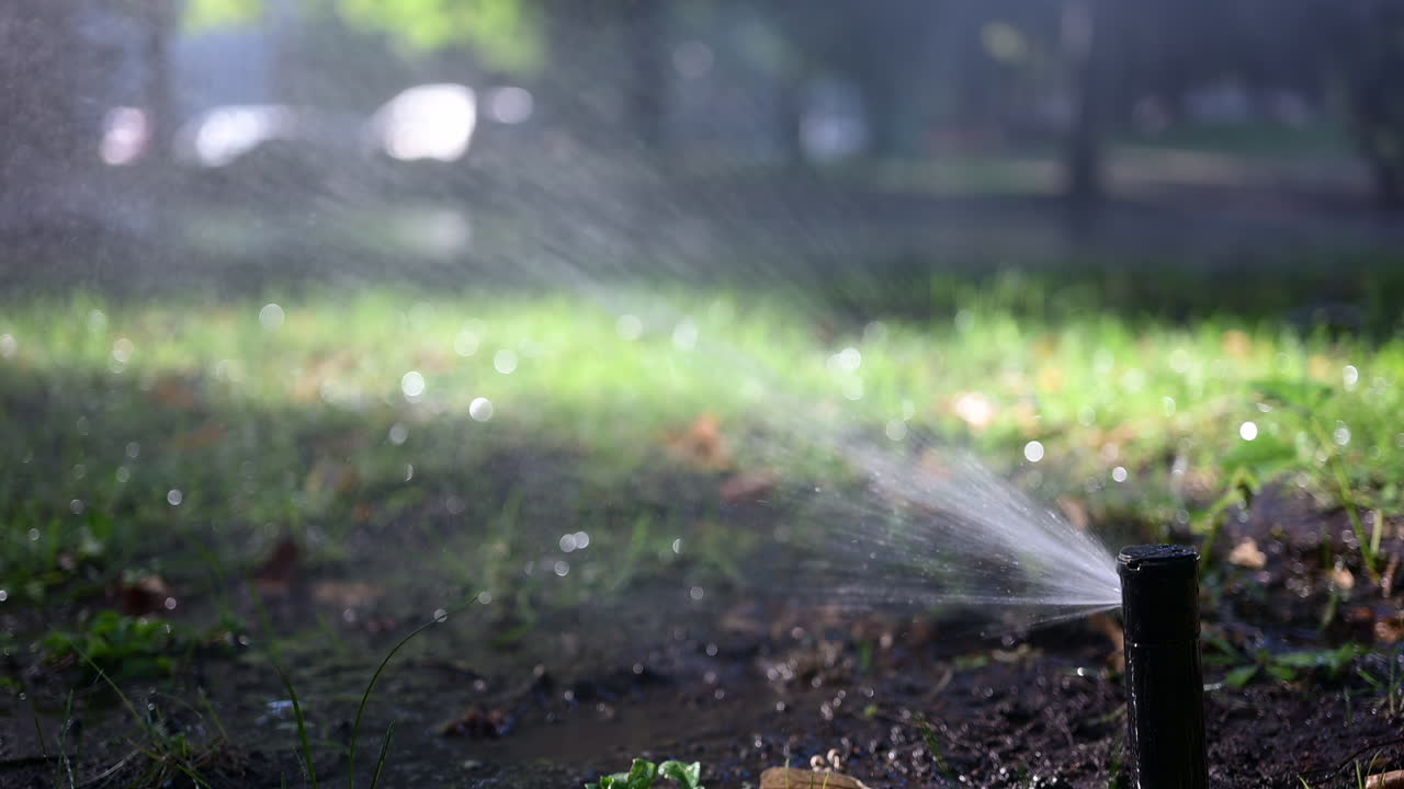 Lawn sprinkler spraying water with bright sun rays, creating sparkling reflections
