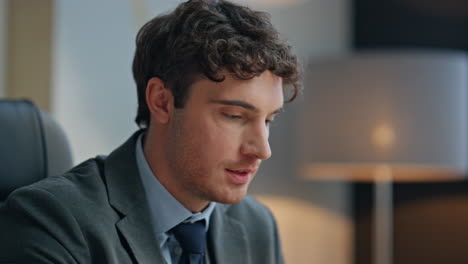 Positive employee thinking career perspectives in modern company office closeup