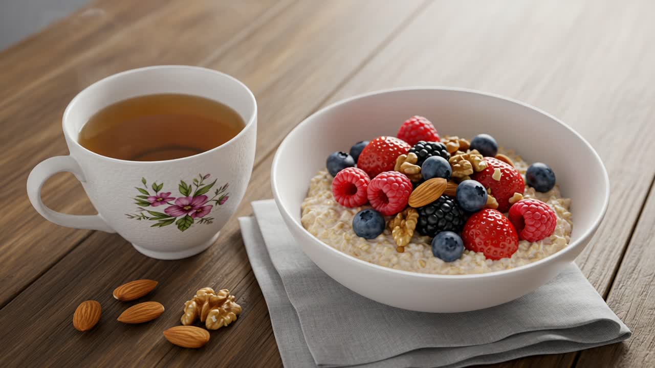 A Delicious Breakfast Spread Featuring Oatmeal Topped with Fresh Berries, Nuts, and Accompanied by a Warm Cup of Herbal Tea on a Wooden Table