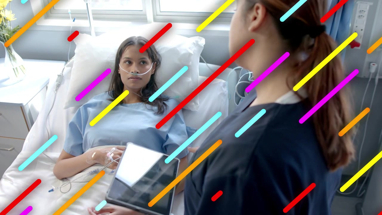 Nurse moving tablet forward, explaining care plan while animated vitals overlaying patient