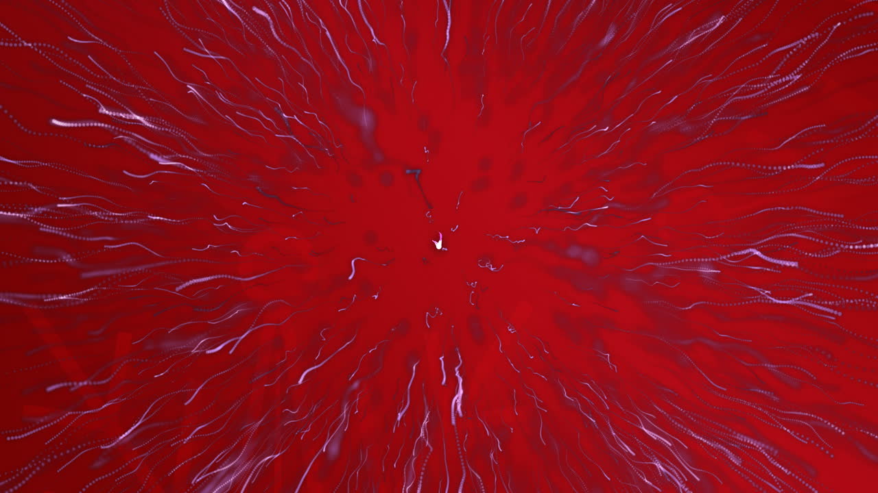 빨간색 배경에서 터지는 보라색 빛의 흔적의 디지털 애니메이션