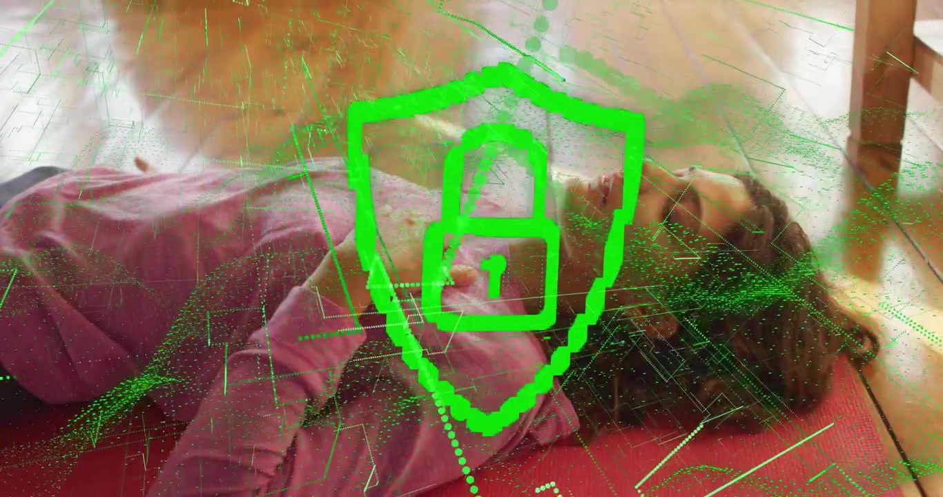 Woman meditating on red mat inhaling and raising arm forming green shield with locking padlock