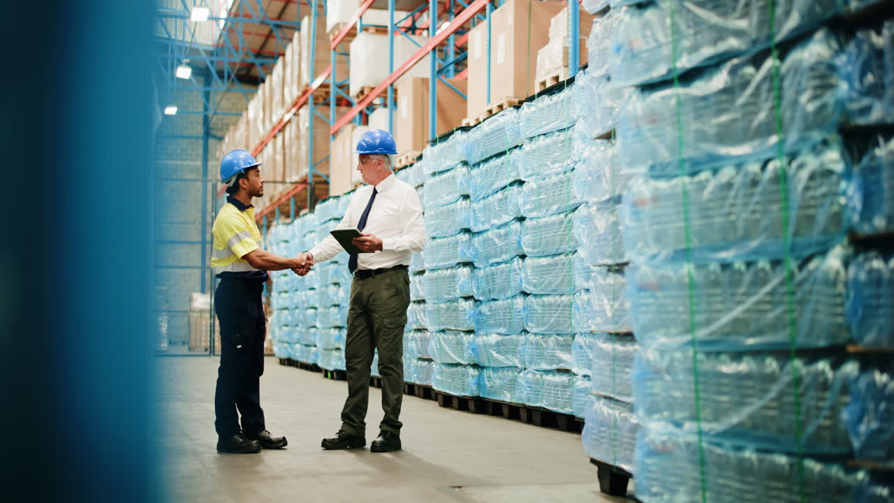 Two Men Discussing Inventory and Shaking Hands in a Warehouse