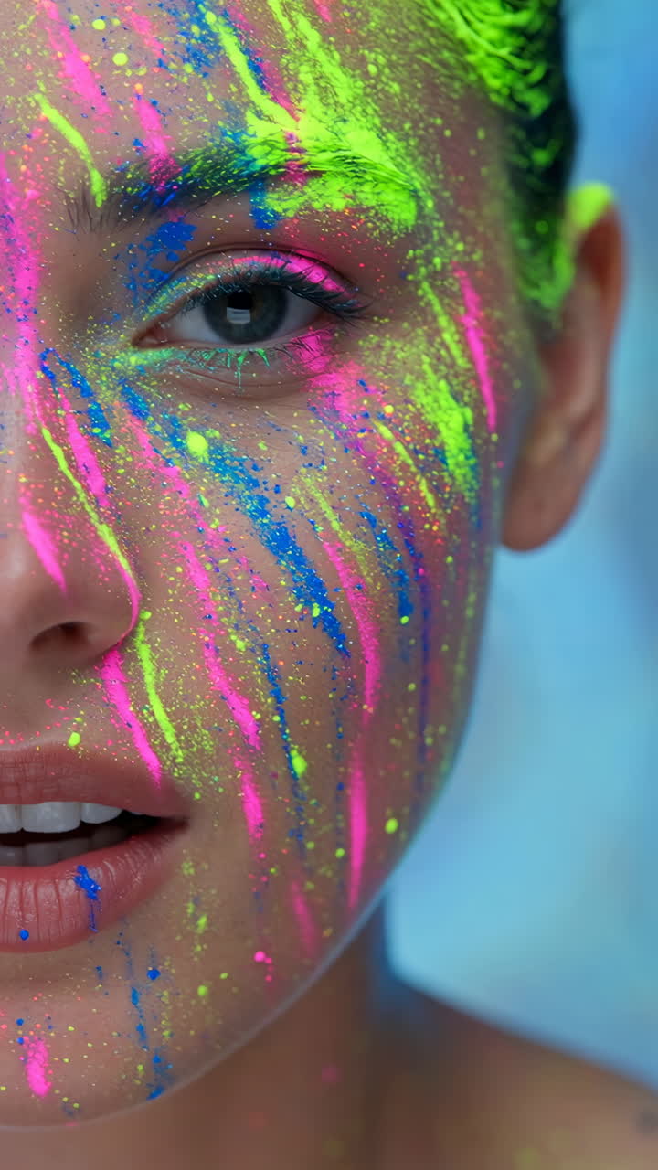 Close-up of a person's face with vibrant neon paint splatters