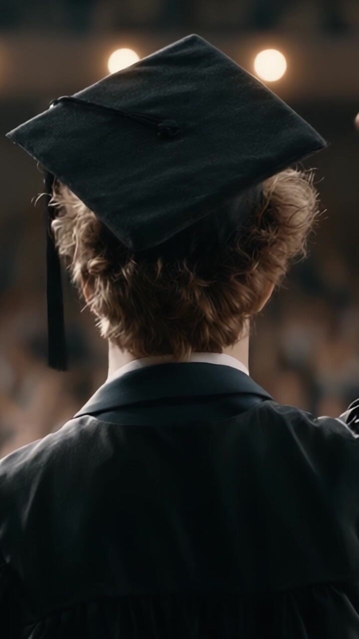 A Moment of Achievement: The Back View of a Graduate in Cap and Gown Facing an Audience at a Graduation Ceremony Full of Anticipation and Pride