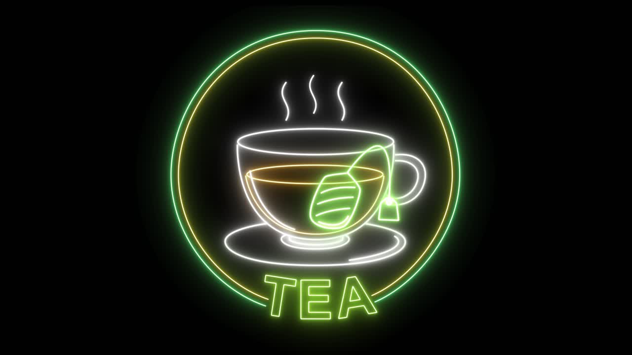 차 컵의 네온 표지판이 켜지고 꺼지고 있습니다.