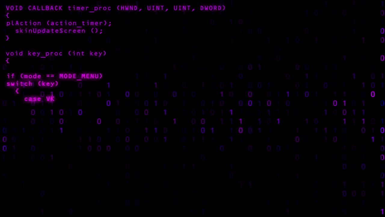 código de programación que se ejecuta en un viejo terminal de pantalla de computadora con fondo binario violeta. bucle 4k