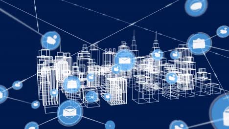 animation of network of connections with icons over 3d architectural model of cityscape