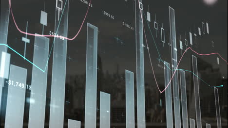 Animation-Mehrerer-Diagramme-Mit-Wechselnden-Zahlen-über-Modernen-Gebäuden-Vor-Dem-Himmel