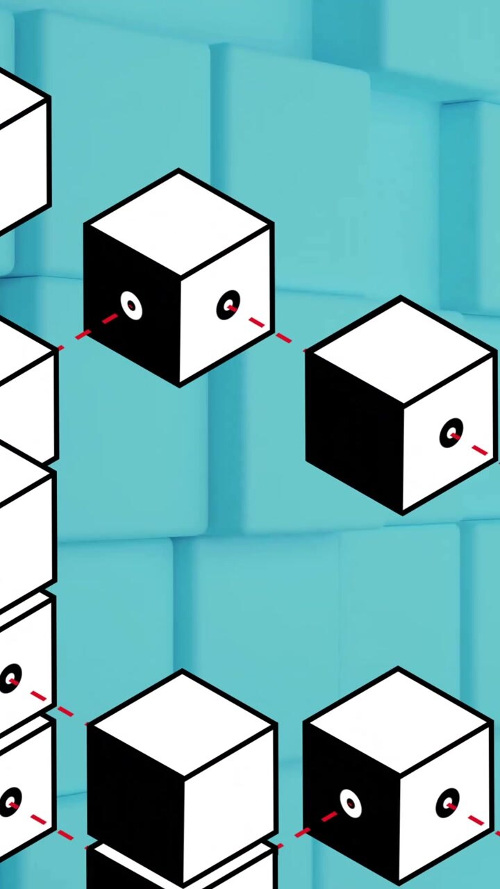 Animation of 3D cubes connected by lines over blue geometric school background