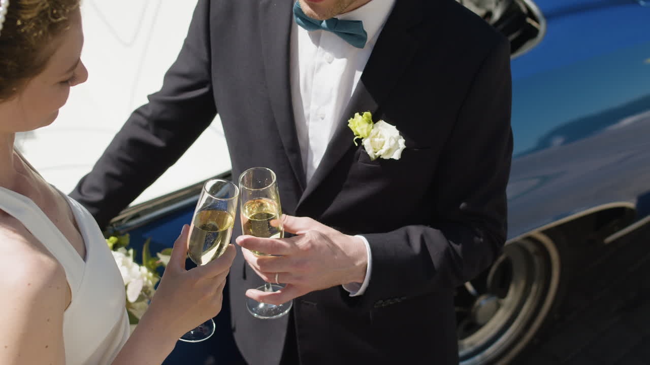 거리에서 방금 결혼 한 부부 의 상단 전망