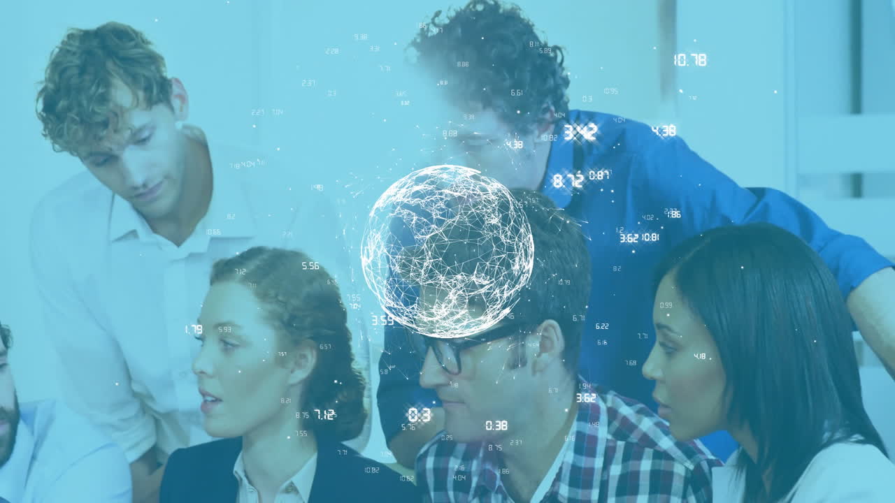 Network of connections and data processing animation over diverse business team in discussion