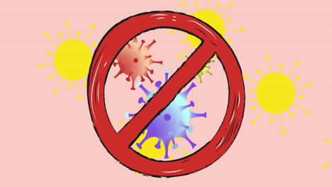 animation of no entry sign over covid 19 cells on pink background