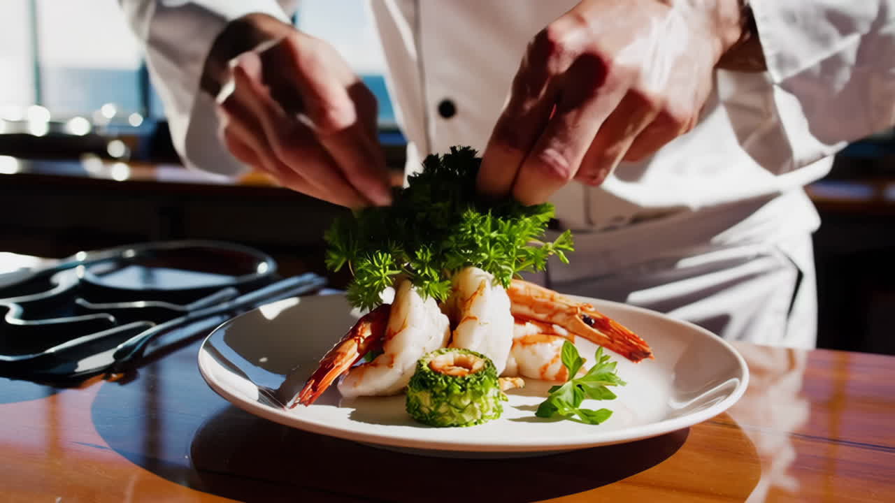 Chef Preparing a Delicious Shrimp Dish with Ocean View