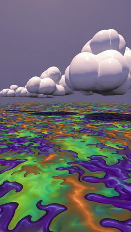 abstract landscape with colorful wavy ground and stylized clouds