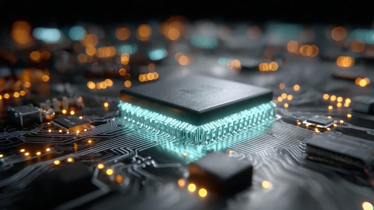 A Close-Up View of a Modern Microchip Surrounded by Illuminated Circuitry, Highlighting the Intricate Design and Advanced Technology of Electronic Components