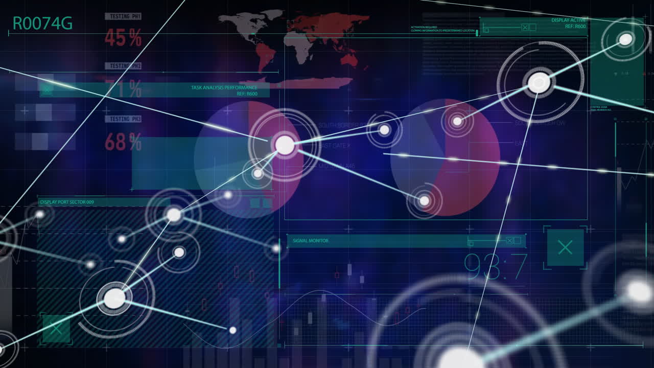 Digital interface background with network connections and data processing animation