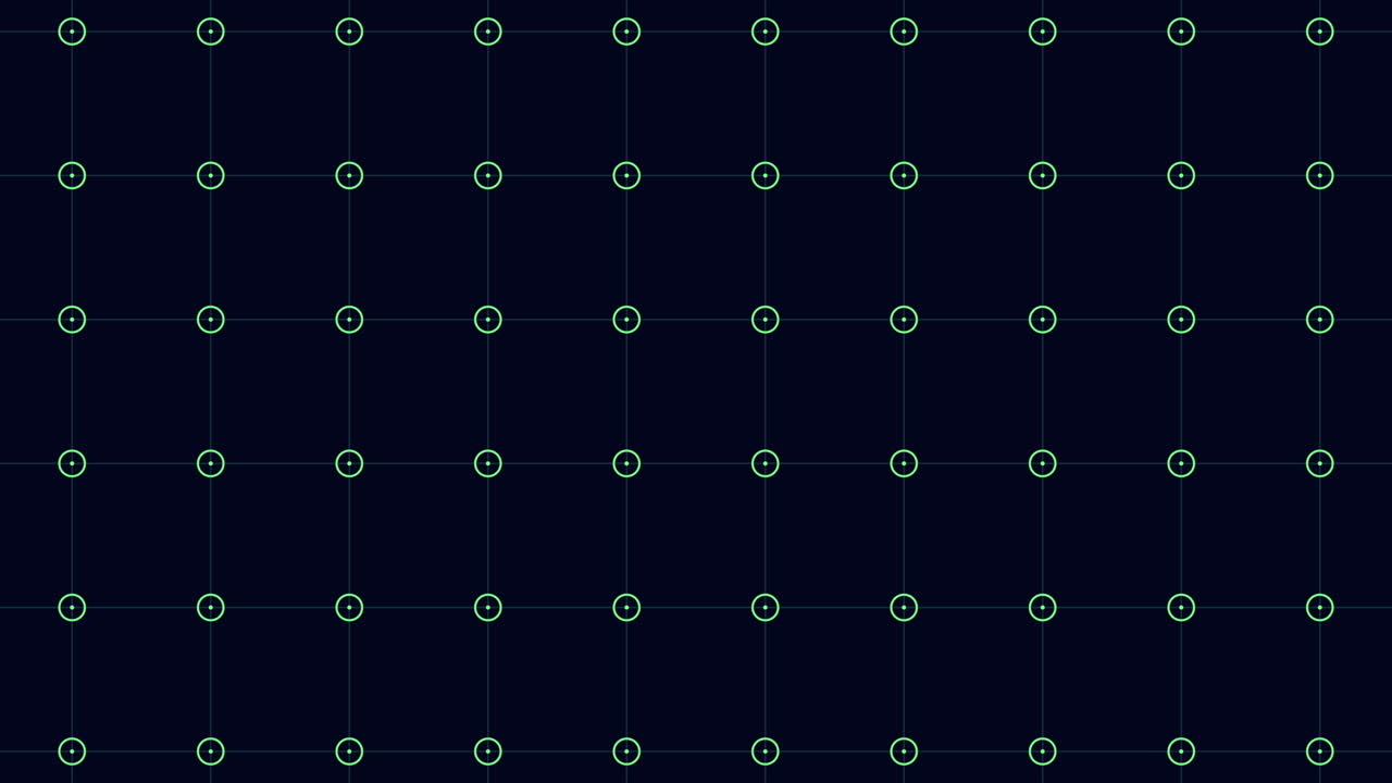 Abstract technology background featuring a dark blue grid with glowing green circular nodes, ideal for sci fi UI, data network, cybersecurity, and innovation themes