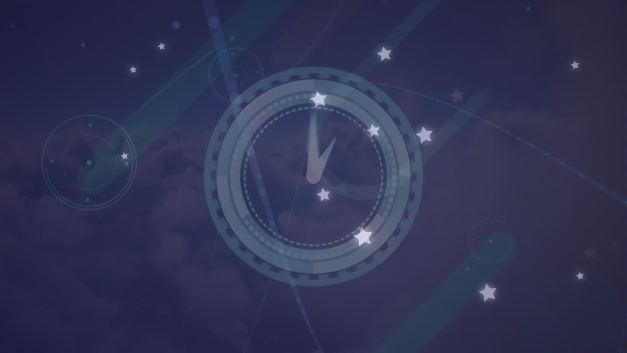 animación de iconos de estrellas brillantes flotando sobre el reloj de tic-tac contra las nubes en el cielo.