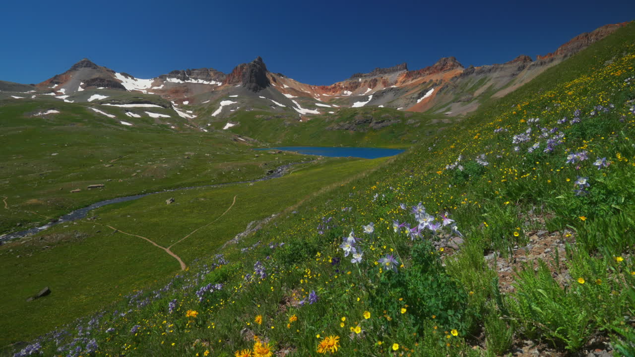 кинематографический небесный рай ледяное озеро бассейн тропа альпийская пустыня колумбийский фиолетовый штат дикие цветы потрясающий колорадо сильвертон теллурид скалистый горный хребет снег лето красивая панель левое движение