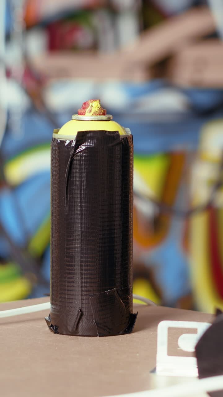 Video verticale. Primo piano di bombolette spray in un colorato seminterrato pieno di graffiti