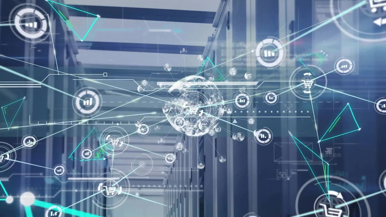 Animation of network of connections with icons and data processing over server room