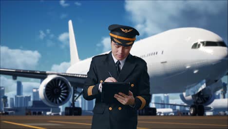 piloto de hombre asiático tomando nota en una tableta mientras está de pie en el aeródromo con el avión en el fondo