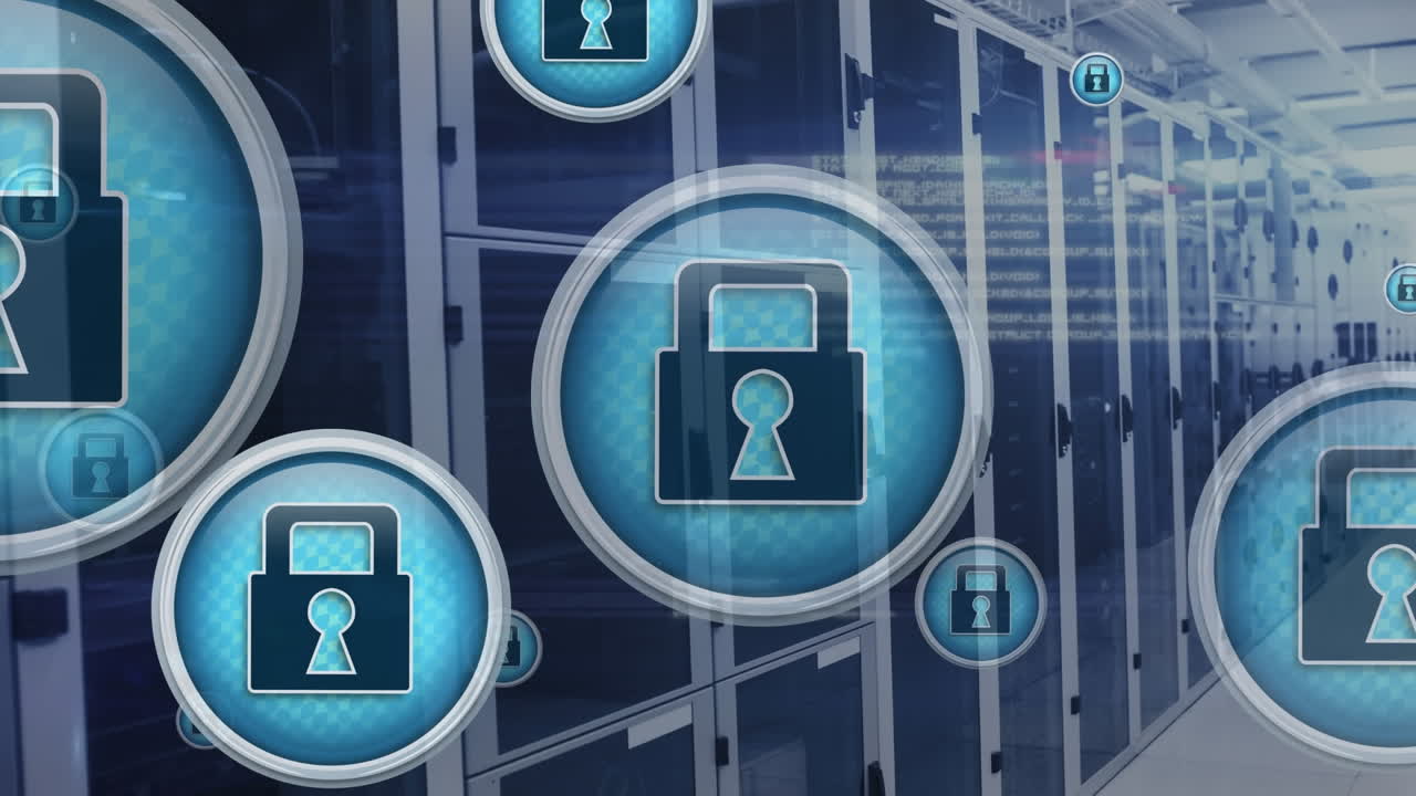 animación del candado en círculos y lenguaje informático sobre la sala del servidor de datos