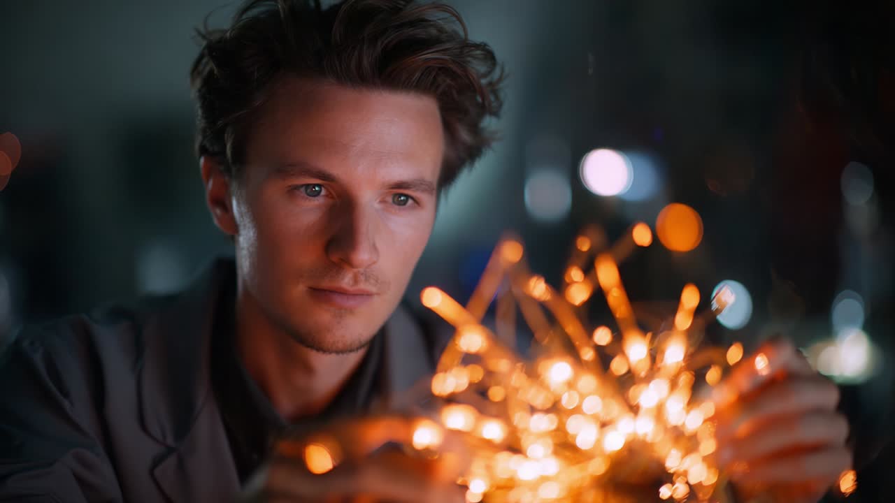 A thoughtful individual engages with a delicate display of shimmering sparks, epitomizing creativity and concentration in an atmosphere of wonder and artistry, as vibrant lights illuminate the enchanting scene