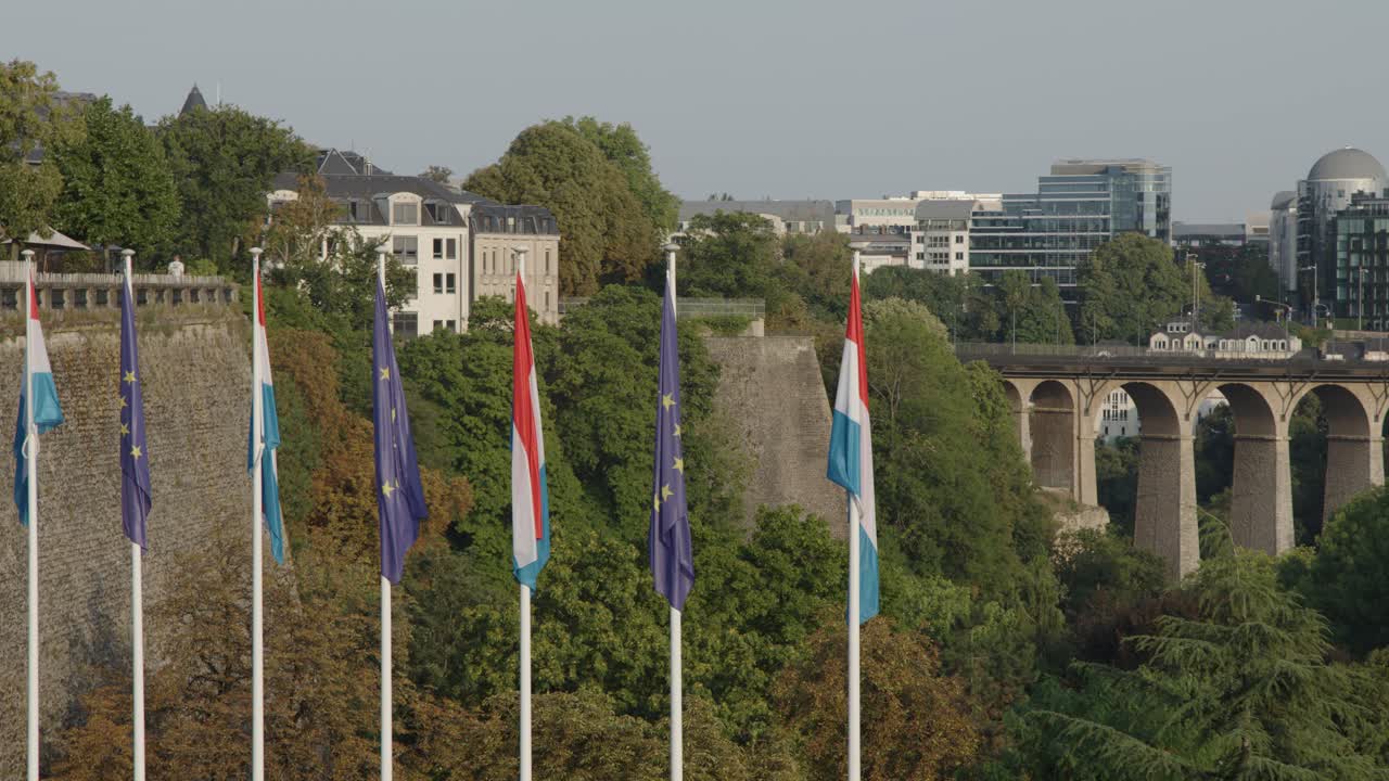 Multiple European flags wave in daylight with city buildings and bridge in background, static shot