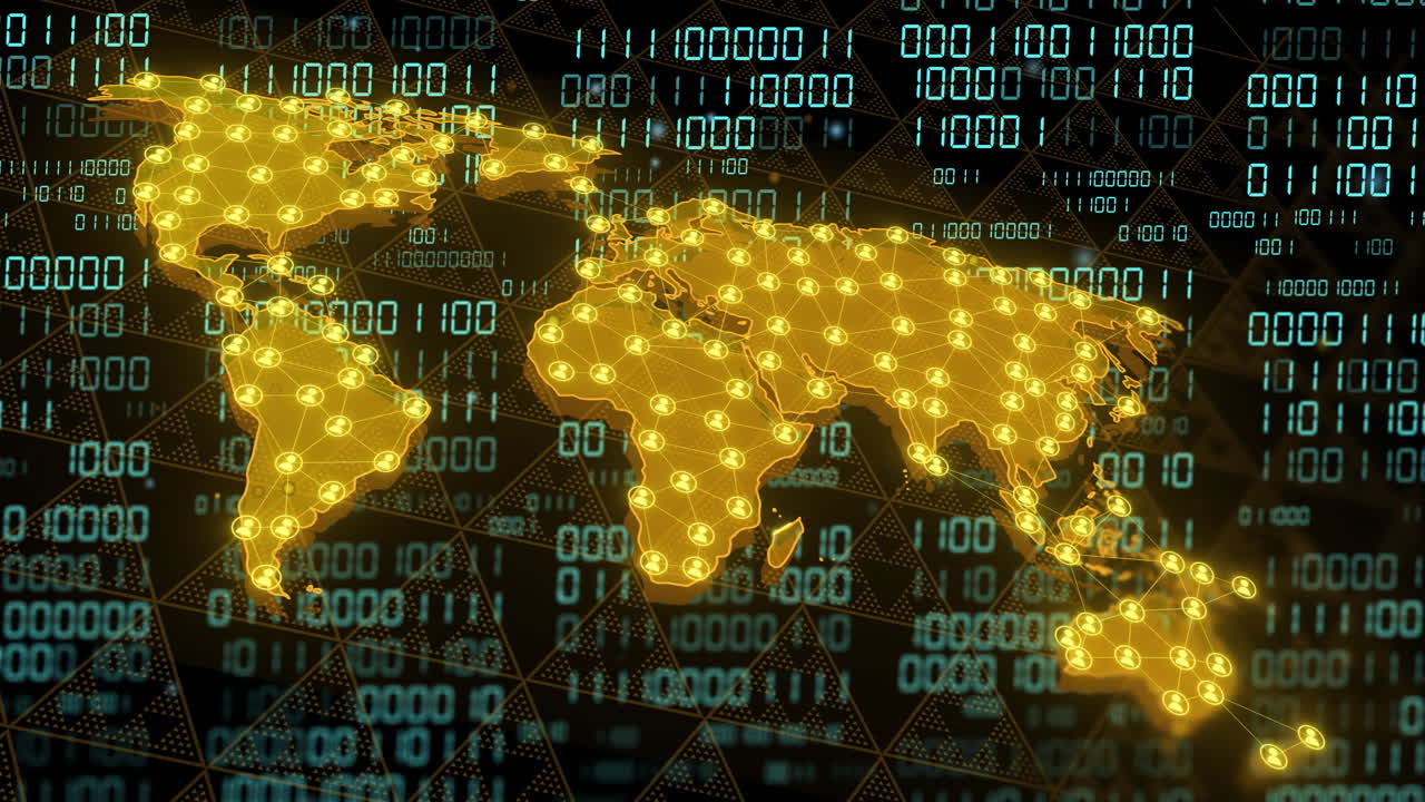 Mappa del mondo con connessioni di rete su animazione di codice binario